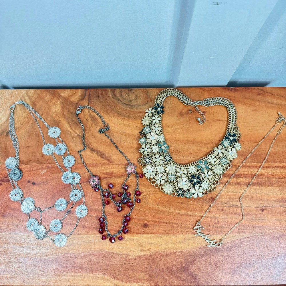 Mixed Fashion Necklace Lot 4X Floral Bib Filigree Beaded Red & Crybaby Nameplate